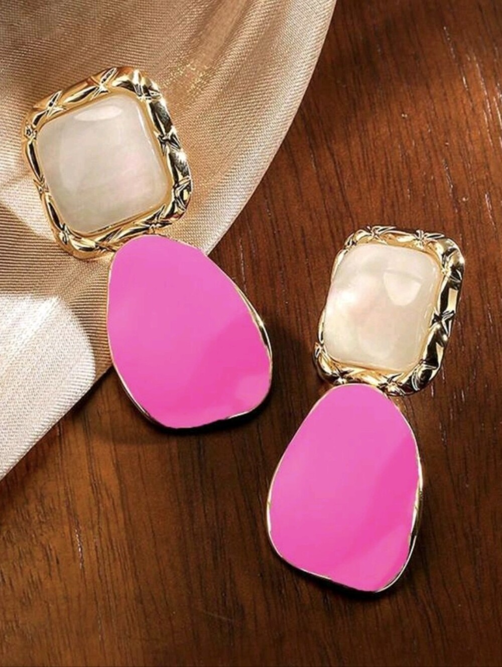 Gold and Pink Drop Earrings - Elegant Women Jewelry